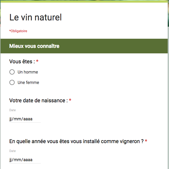 enquête vignerons naturels de Loire, questionnaire